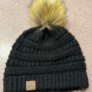 Black and Yellow Knit Pom-Pom Beanie Hat